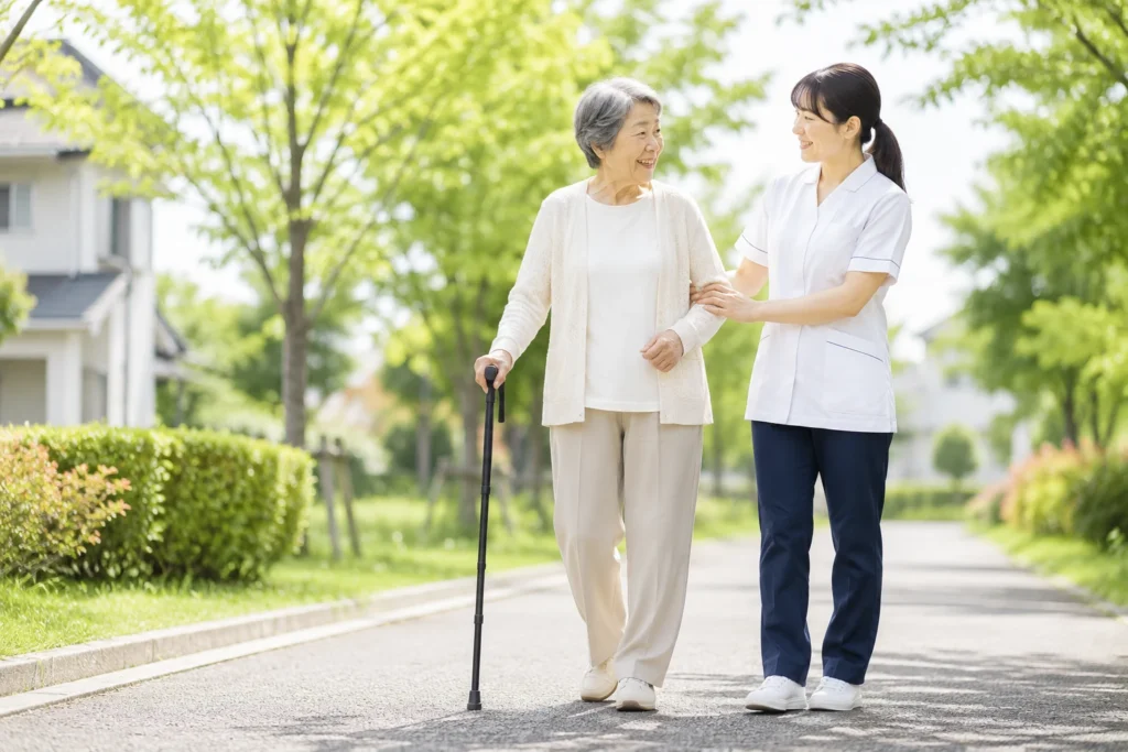 杖を使って歩く高齢女性を介助者が支えている様子